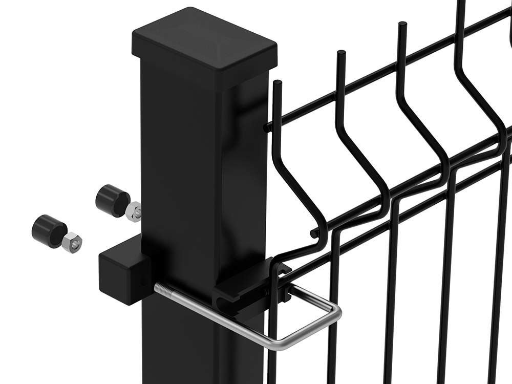 Detail of the V mesh panel fixing at the top of the post, black RAL 9005