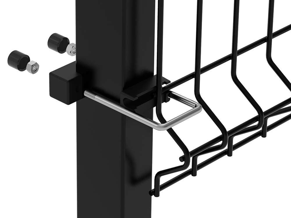 Detail of the V mesh panel fixing at the bottom of the post, black RAL 9005