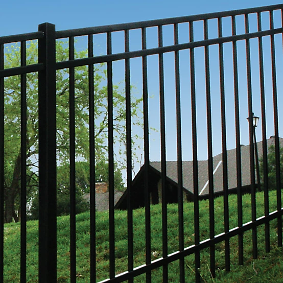 Fortress Versai flat top steel fence installed in gloss black, second view