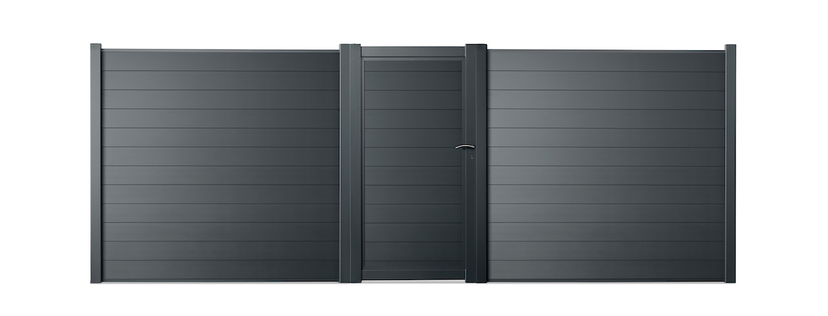 Gardenode Equinox garden gate between two aluminium fence bays