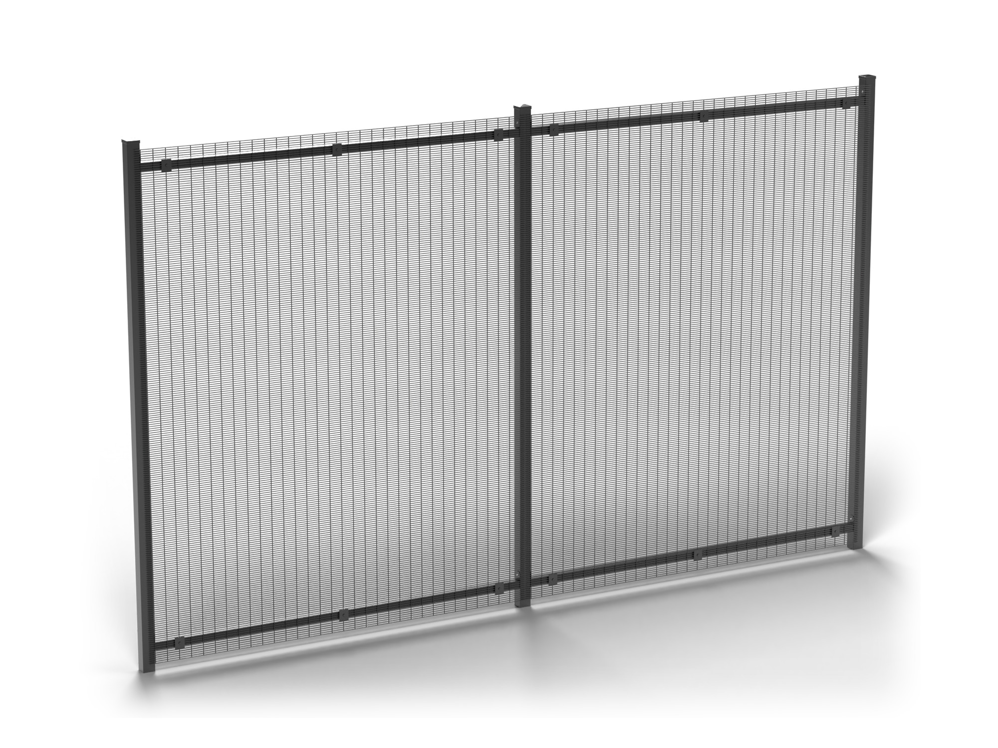 Horizontal Rail System with 2 rails behind a 3048 mm 358 security mesh fence, render. Posts and mesh panels shown for illustration only - not included.