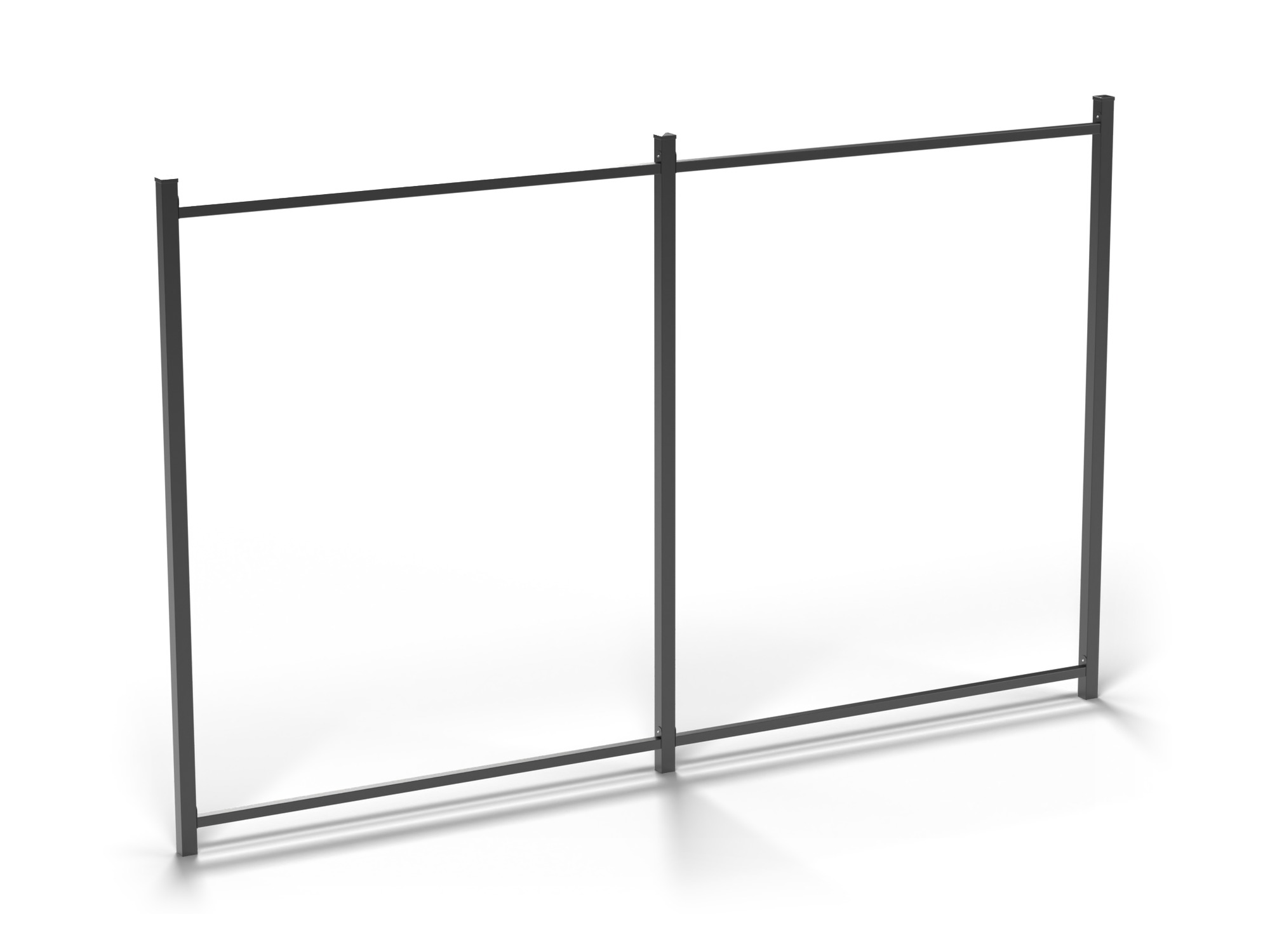 Horizontal Rail System with 2 rails on a 3048 mm fence frame, render. Posts and mesh panels shown for illustration only - not included.