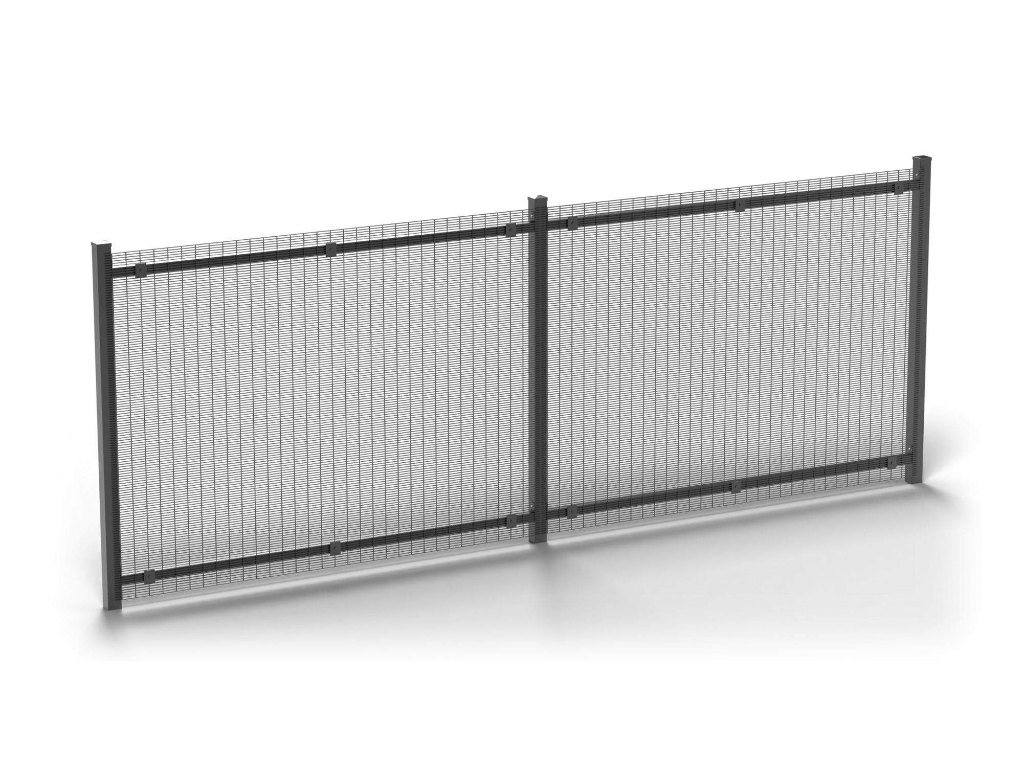 Horizontal Rail System with 2 rails behind a 1829 mm 358 security mesh fence, render. Posts and mesh panels shown for illustration only - not included.
