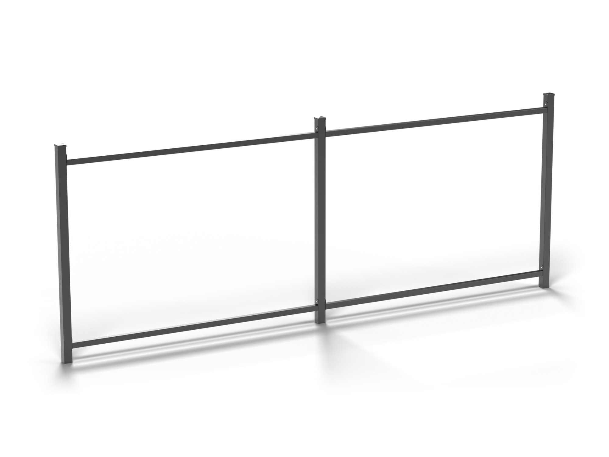 Horizontal Rail System with 2 rails on a 1829 mm fence frame, render. Posts and mesh panels shown for illustration only - not included.