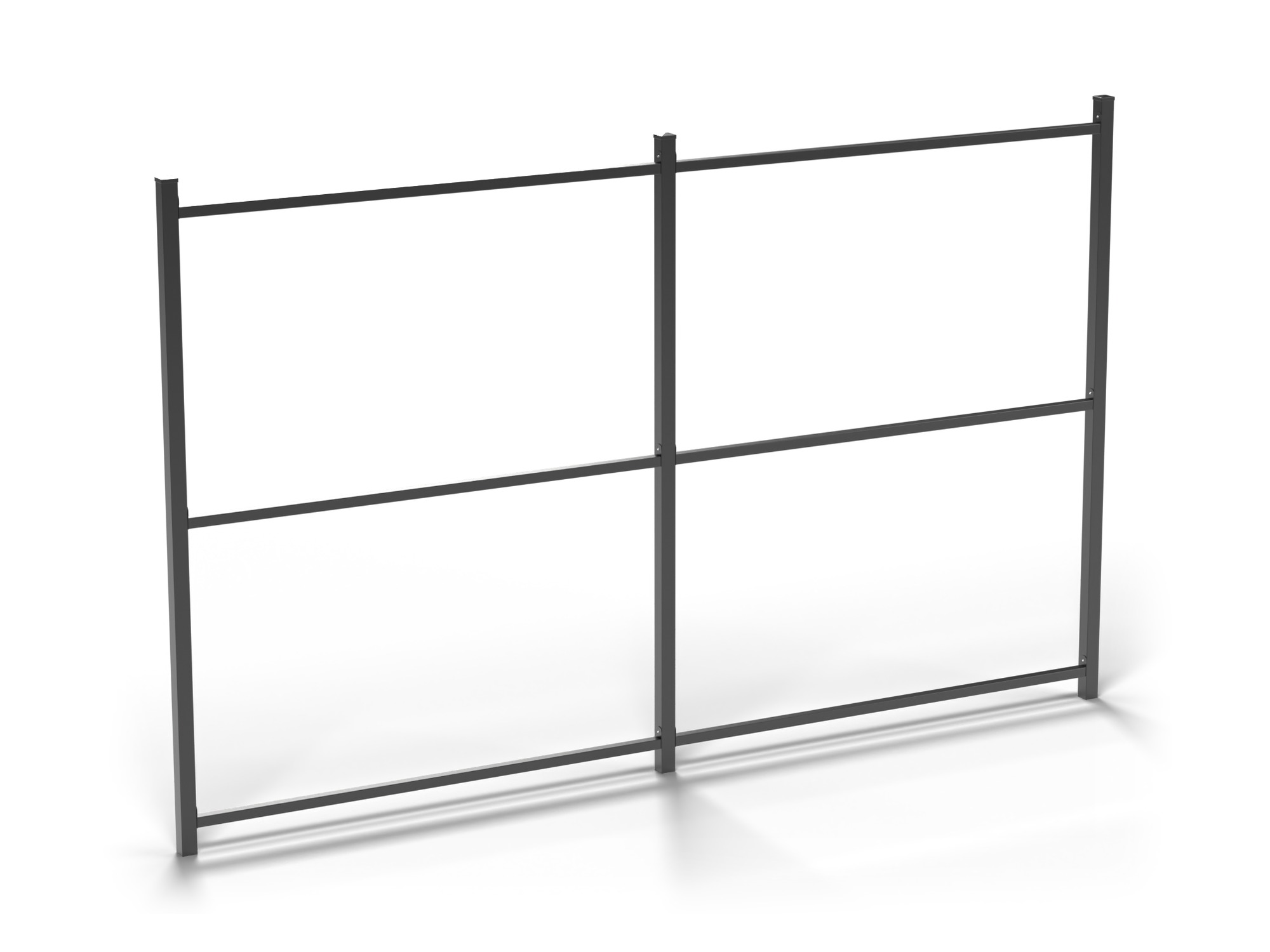 Horizontal Rail System with 3 rails on a 3048 mm fence frame, render. Posts and mesh panels shown for illustration only - not included.