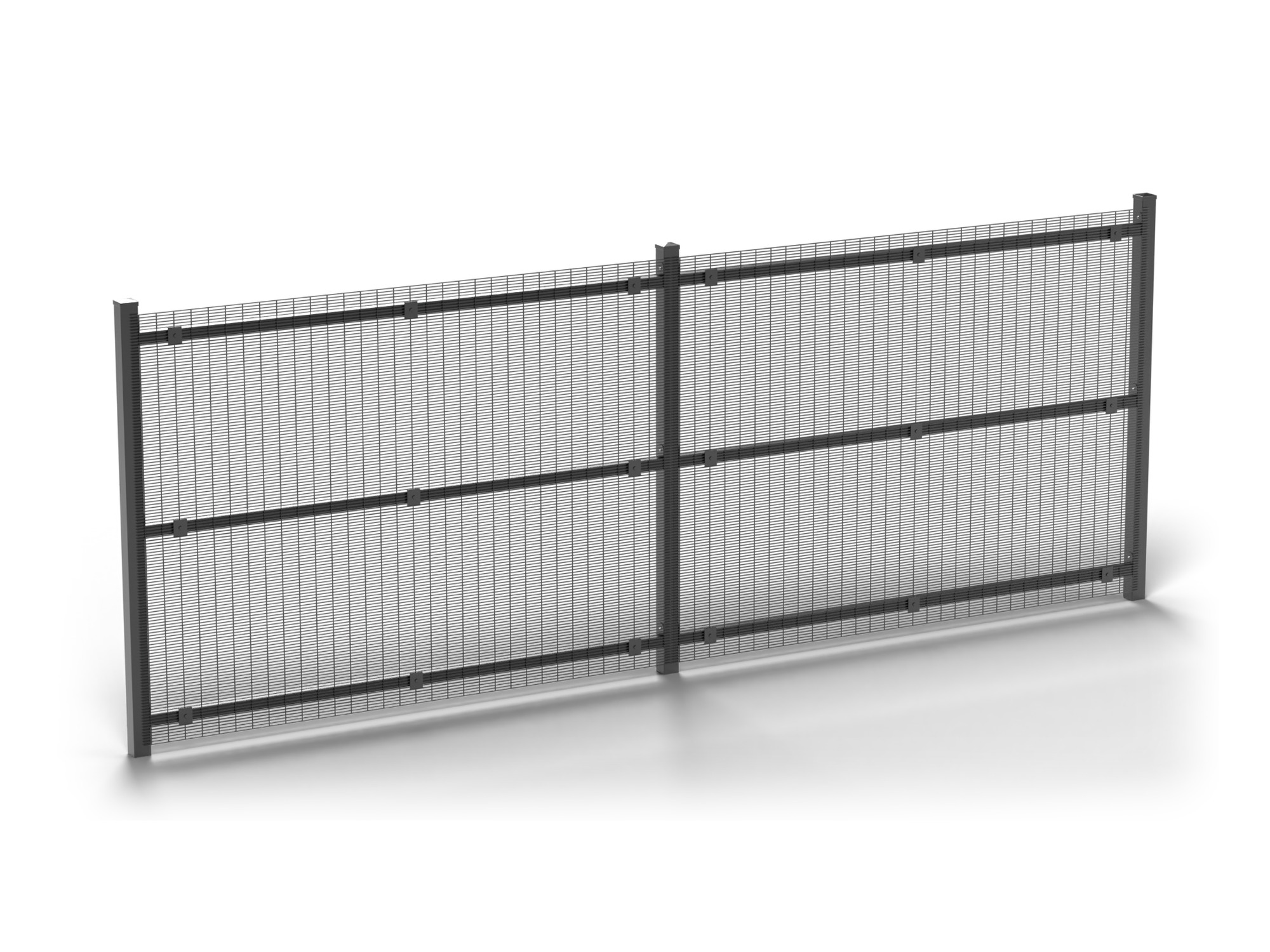 Horizontal Rail System with 3 rails behind a 1829 mm 358 security mesh fence, render. Posts and mesh panels shown for illustration only - not included.