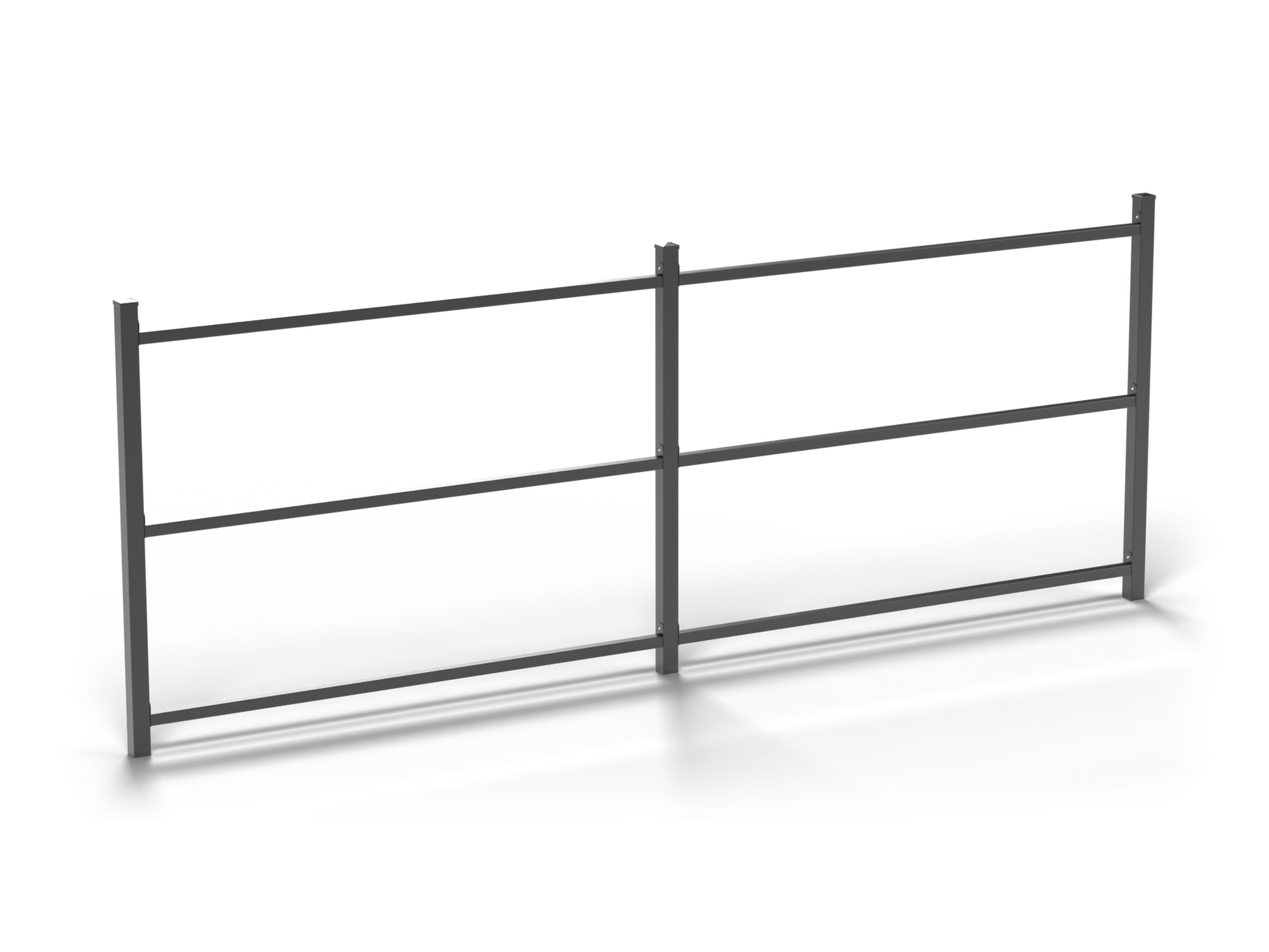 Horizontal Rail System with 3 rails on a 1829 mm fence frame, render. Posts and mesh panels shown for illustration only - not included.