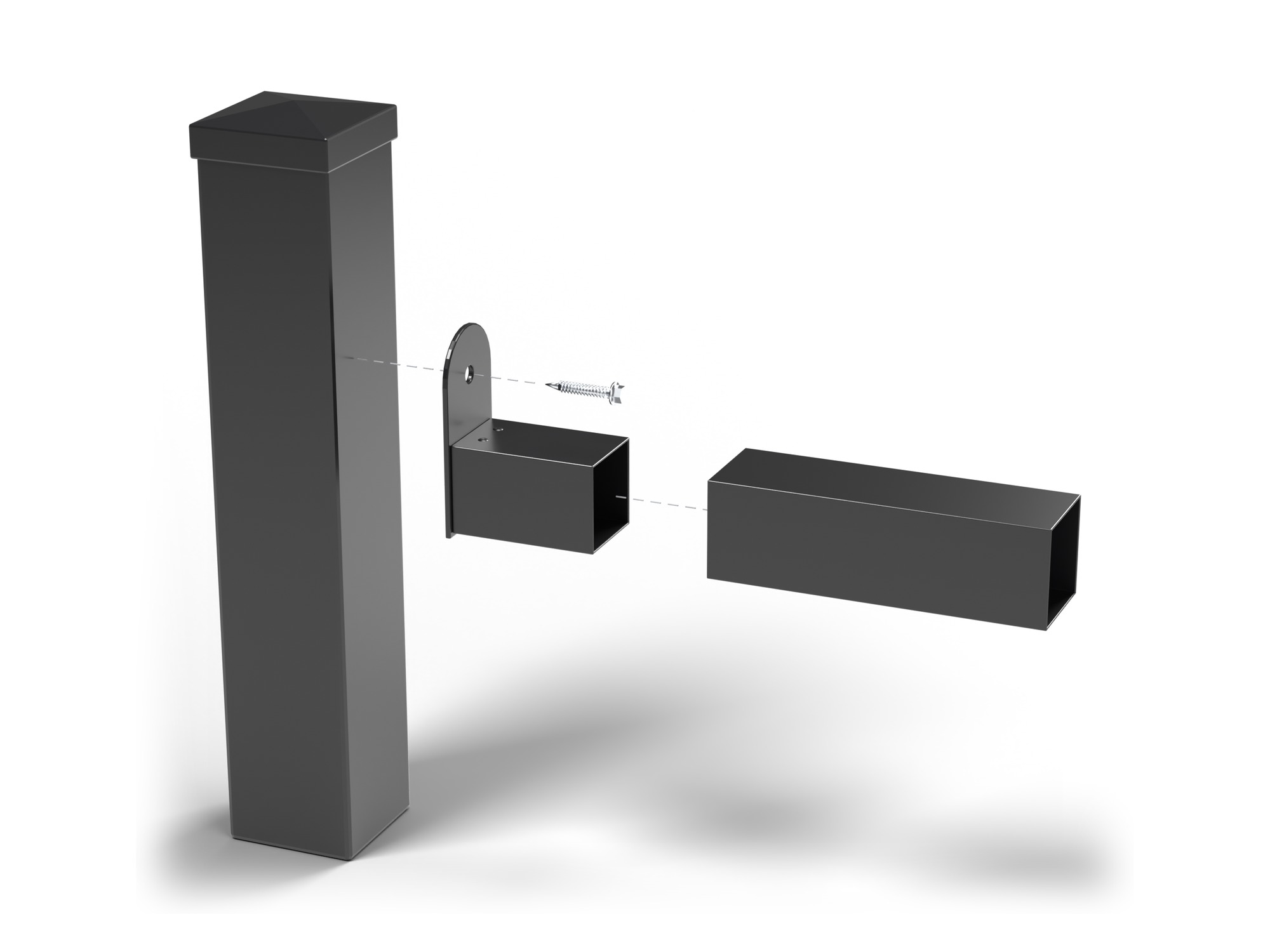 Connection detail: bracket screwed to the post, rail slides over the bracket - post not included.