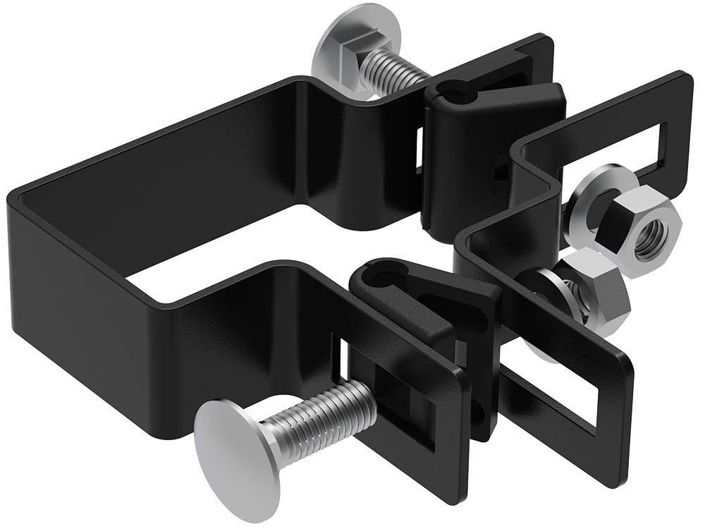 Deluxe corner brackets fixing ornamental fence panels to a corner post