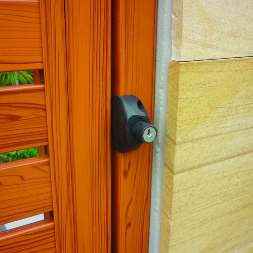 Black LokkLatch Regular with External Access Button on a gate, second view