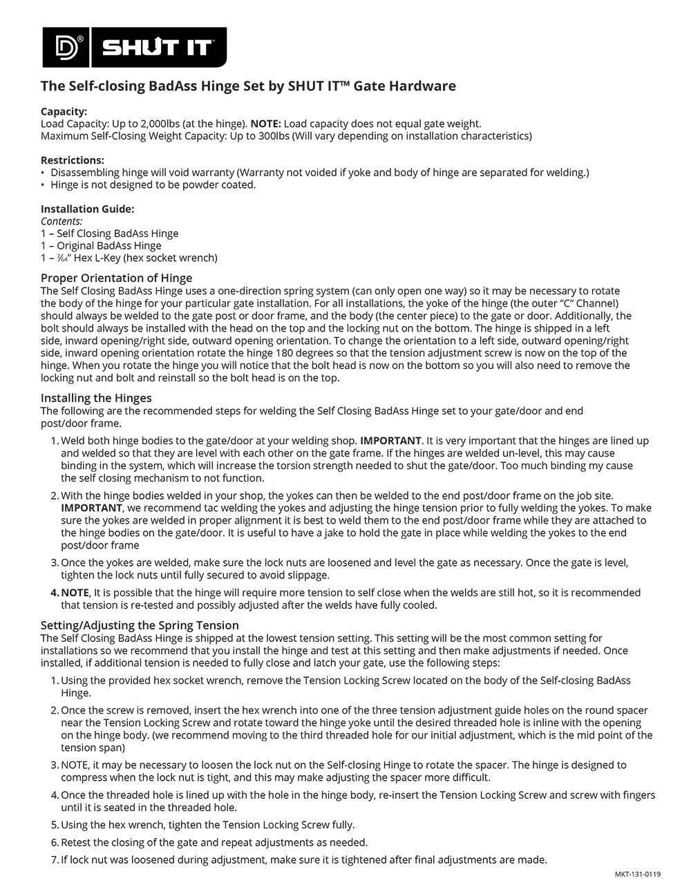 Installation instructions for the Shut It Self-Closing BadAss hinge set