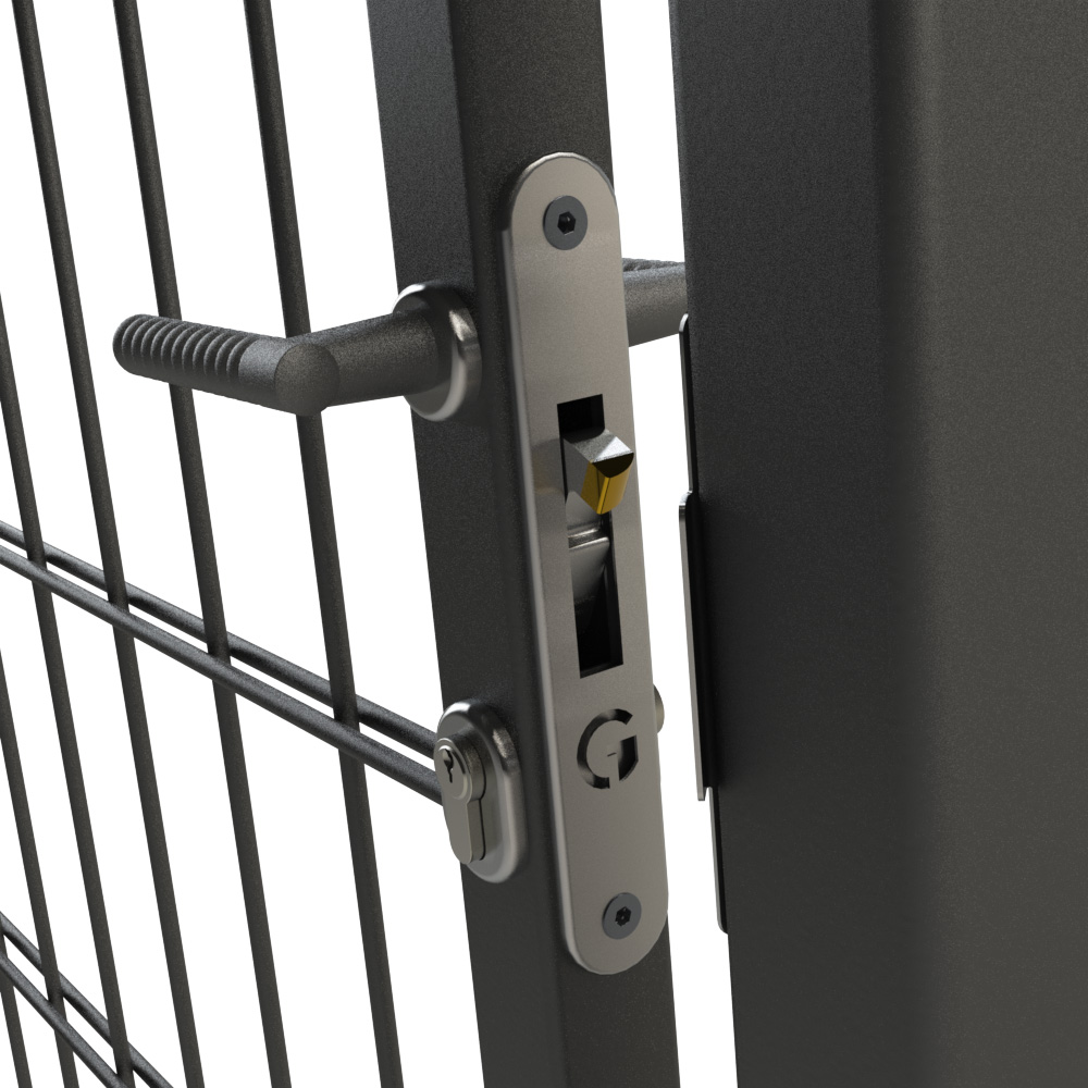 Gatemaster Stainless Mortice Lock Dual Cover, fitted in a gate frame with a ribbed lever handle