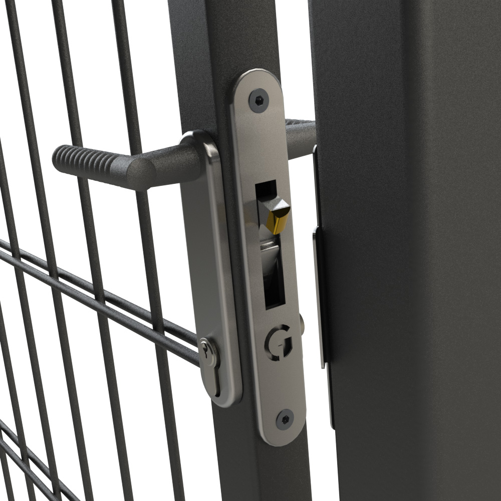 Gatemaster Stainless Mortice Lock Full Cover, fitted in a gate frame with a ribbed lever handle