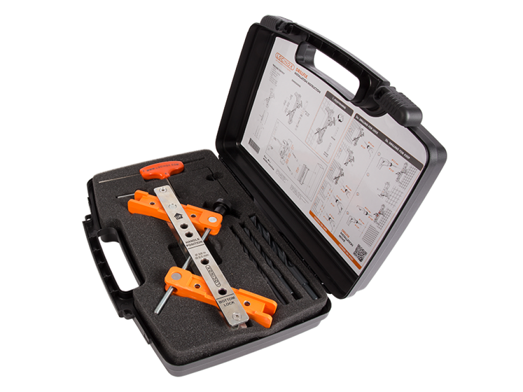 Locinox Drillfix | Tool case with drilling jig for surface mounted locks and corresponding keeps