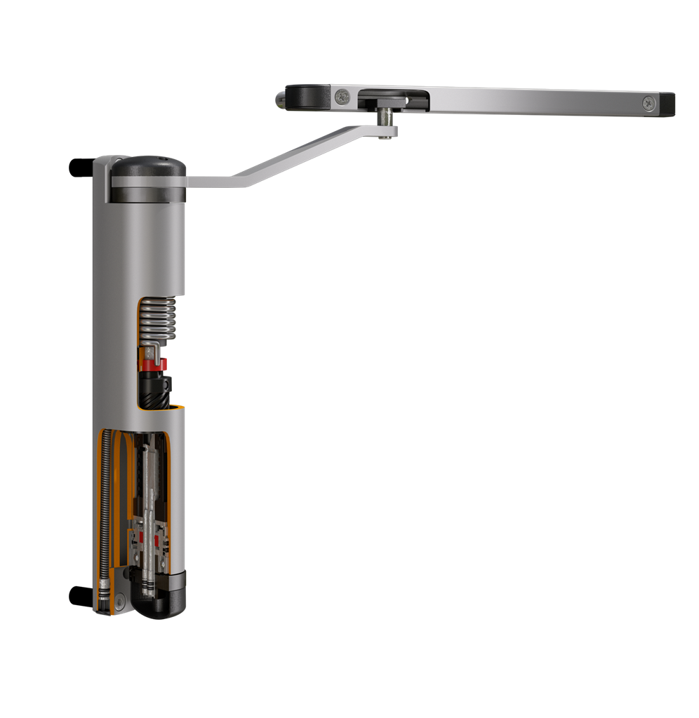 Cutaway of the Locinox Lion gate closer showing the hydraulic parts
