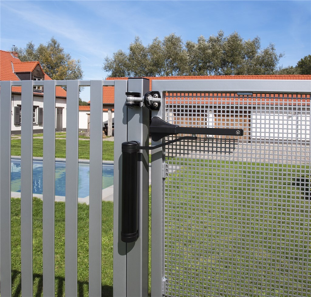 Black Lion gate closer on a mesh gate beside a swimming pool