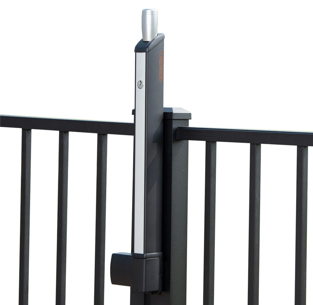 Fortima latch closed between a square post and a black gate frame