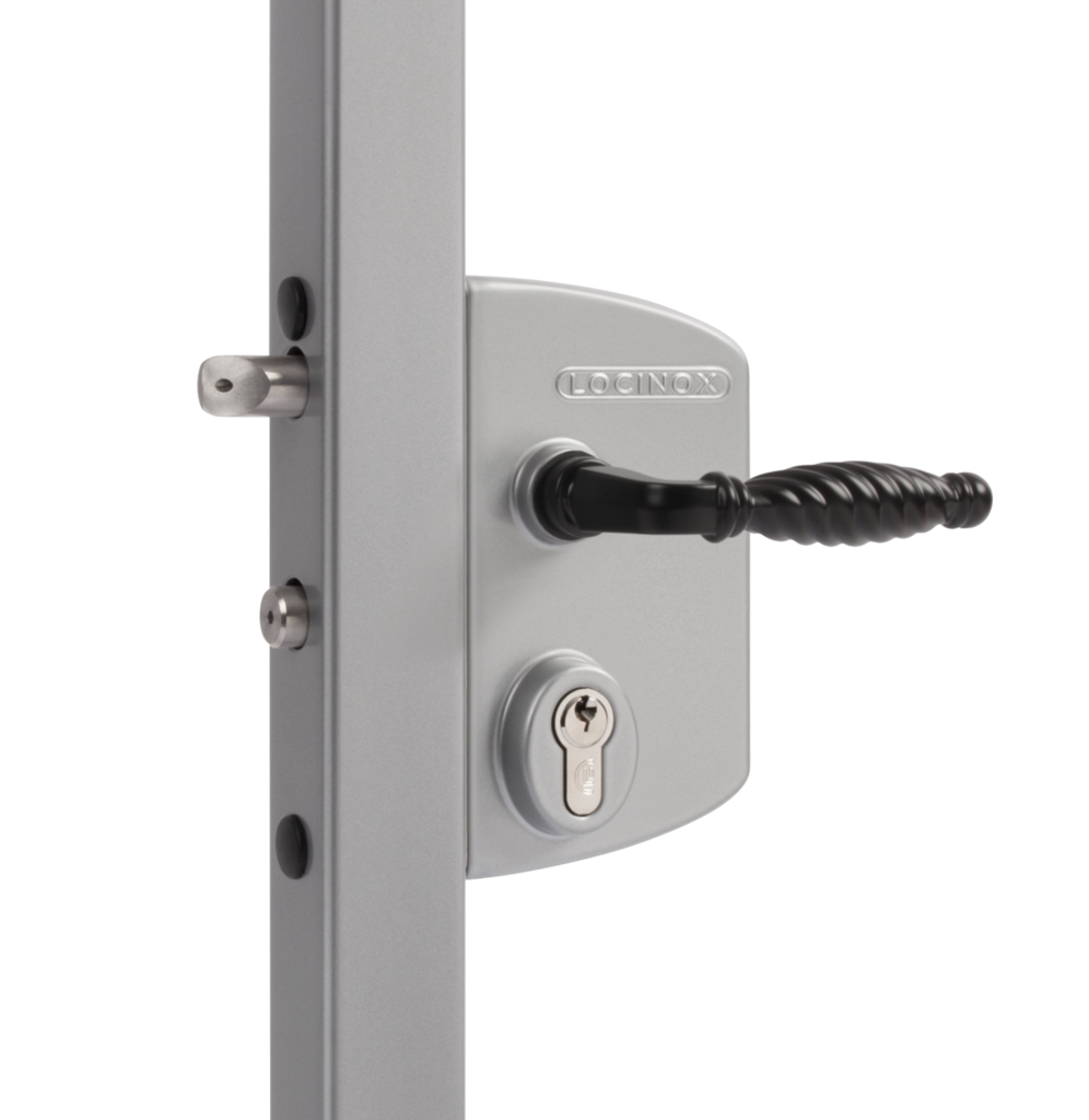 Locinox gate lock in silver with black ornamental handle