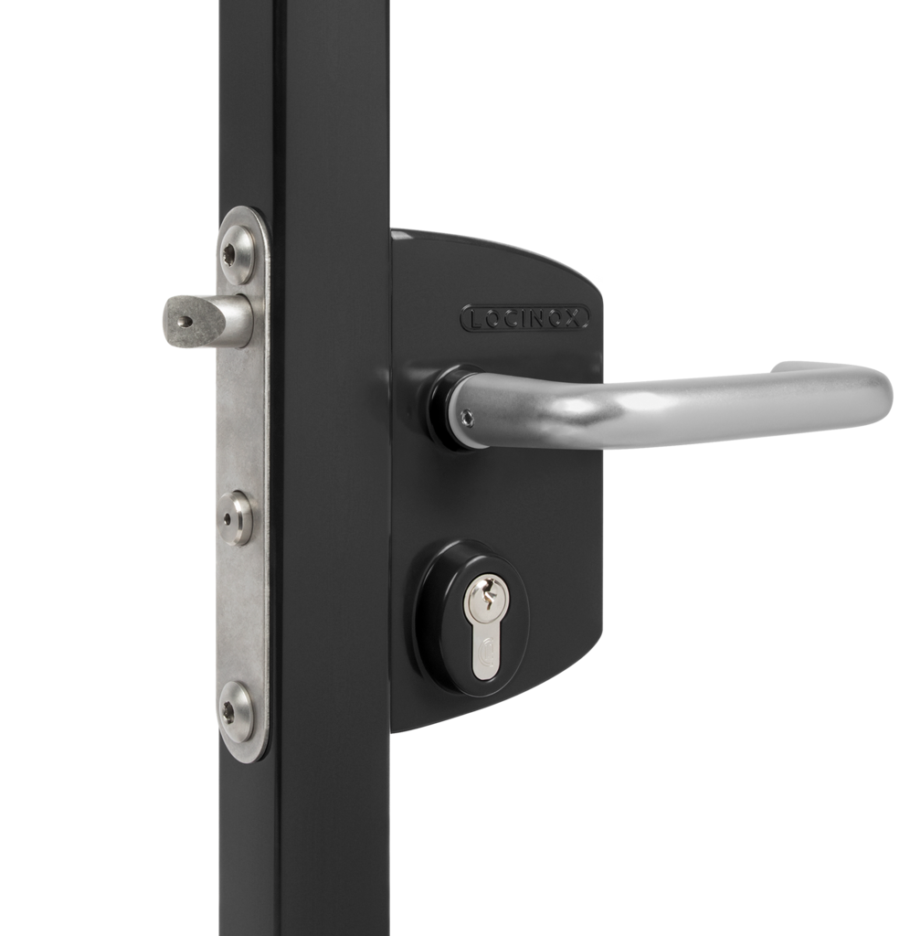 Locinox anti-panic gate lock in black with aluminium lever handle
