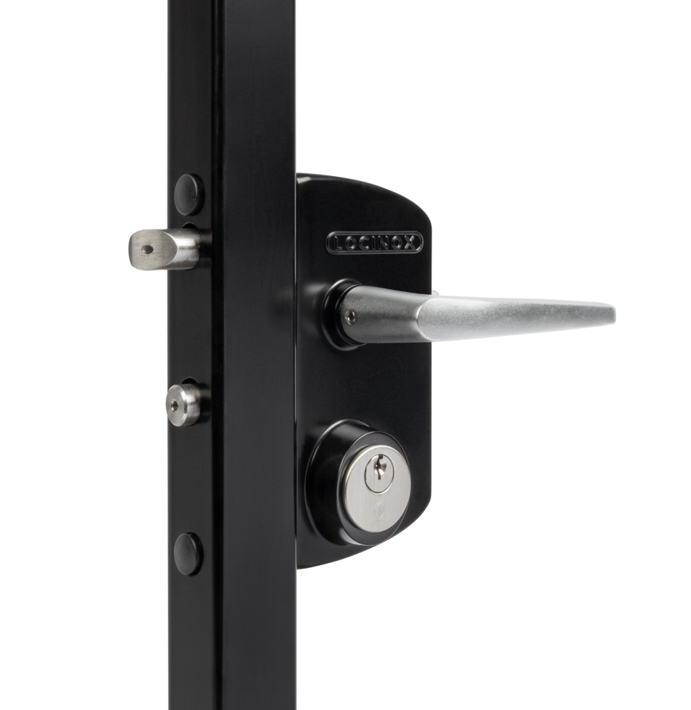 Locinox mortise cylinder gate lock in black with aluminium lever handle