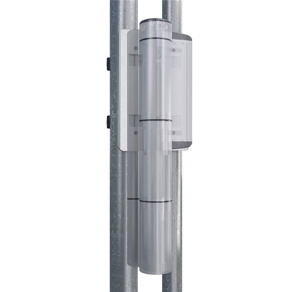 Mammoth-2 gate closer mounted on a round post with the chain link brackets