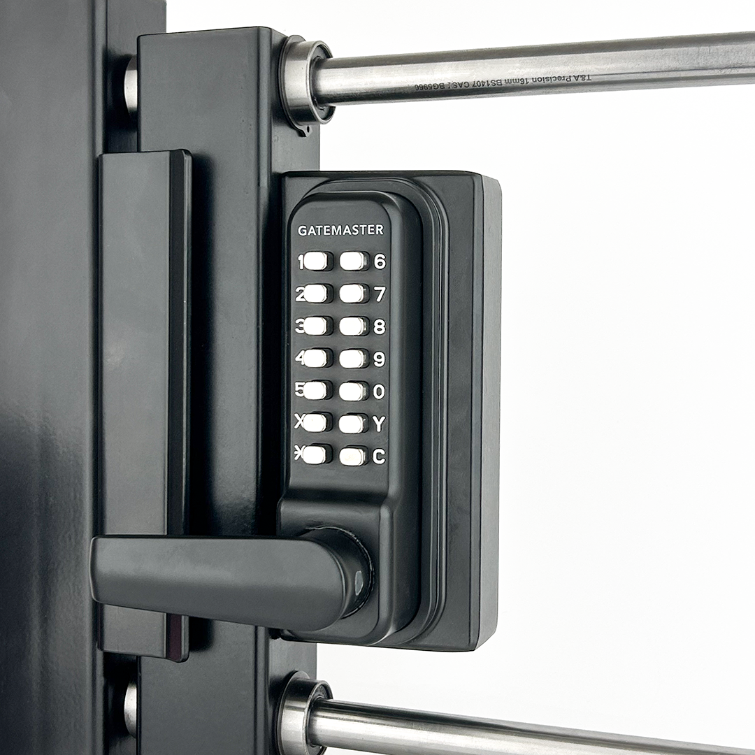 Gatemaster Sliding Gate Lock RapidReset Double-Sided Keypad, rapidreset side view of sliding gate lock on gate photo