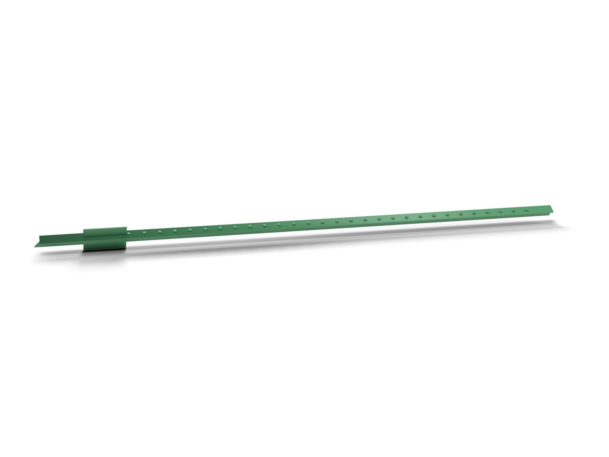 Green steel T-post with studs along its face and an anchor plate near the foot, lying flat.