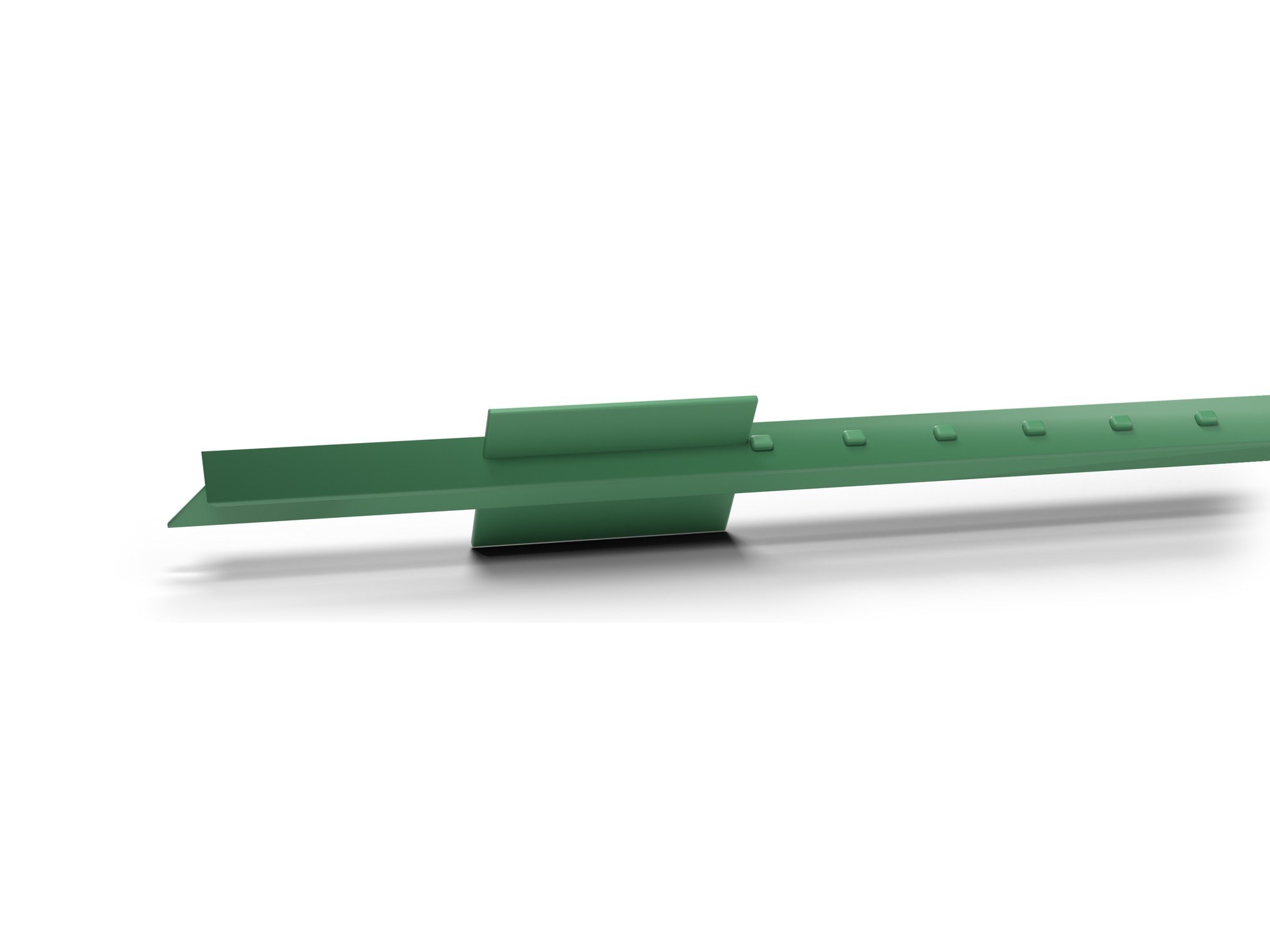 Close-up of the anchor plate and studs of a green steel T-post.
