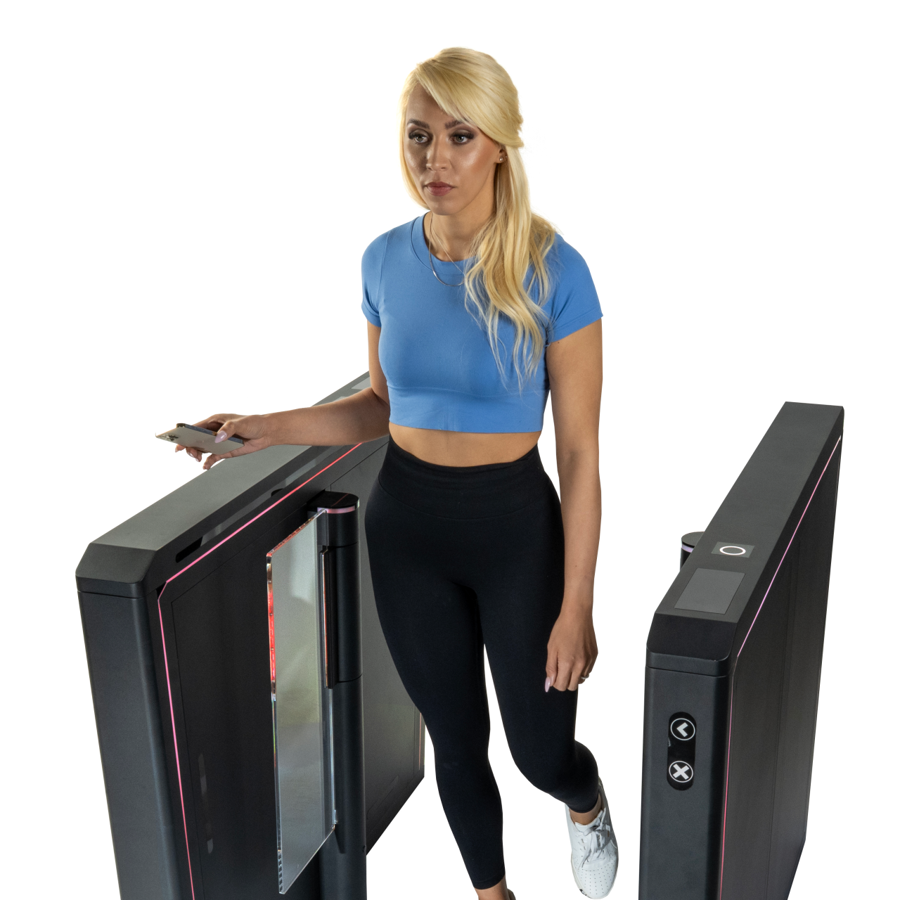 A woman walks through a Speedgate Elite lane as the acrylic wings swing open.