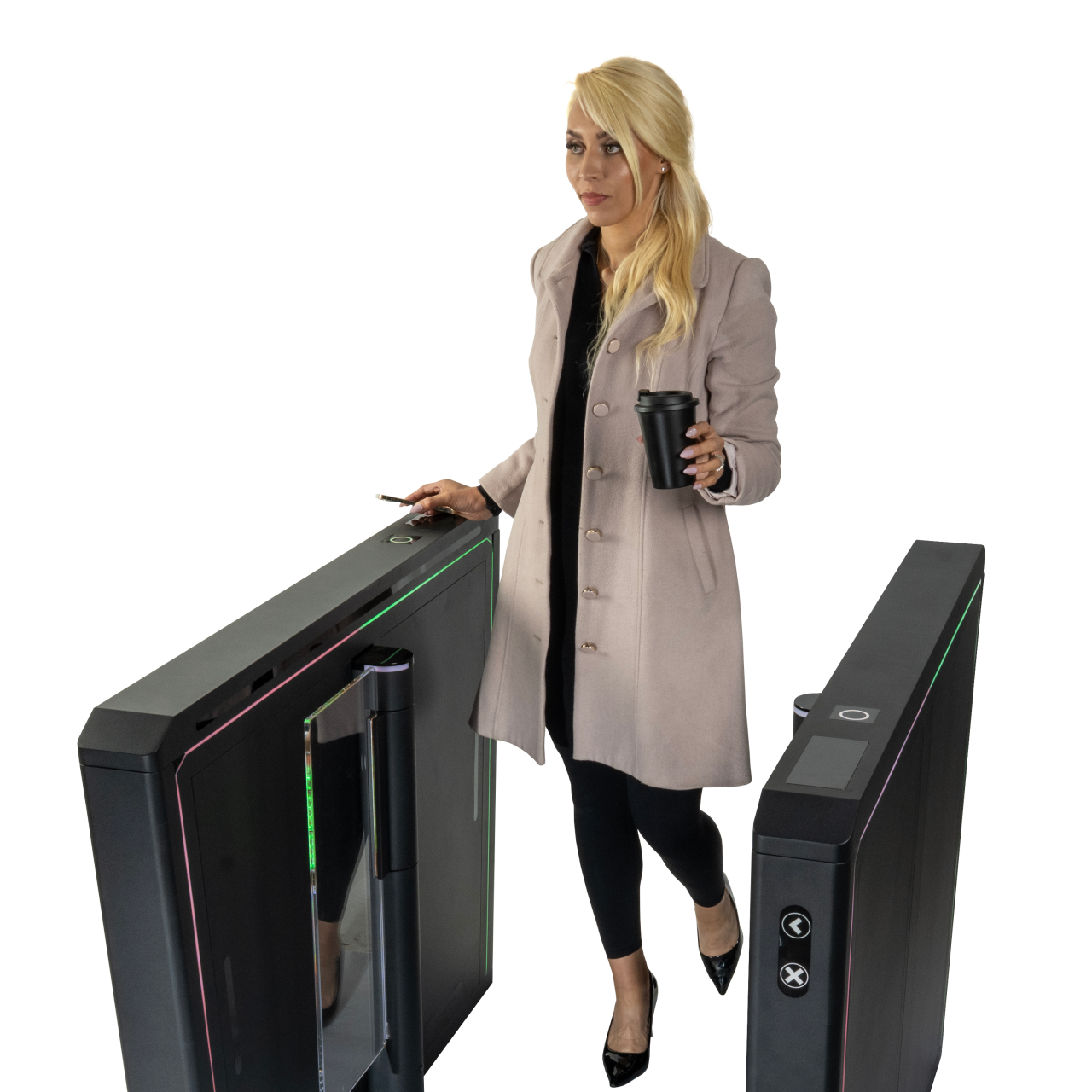 A woman in a coat with a coffee cup passes through the Speedgate Elite with green lane lights on.