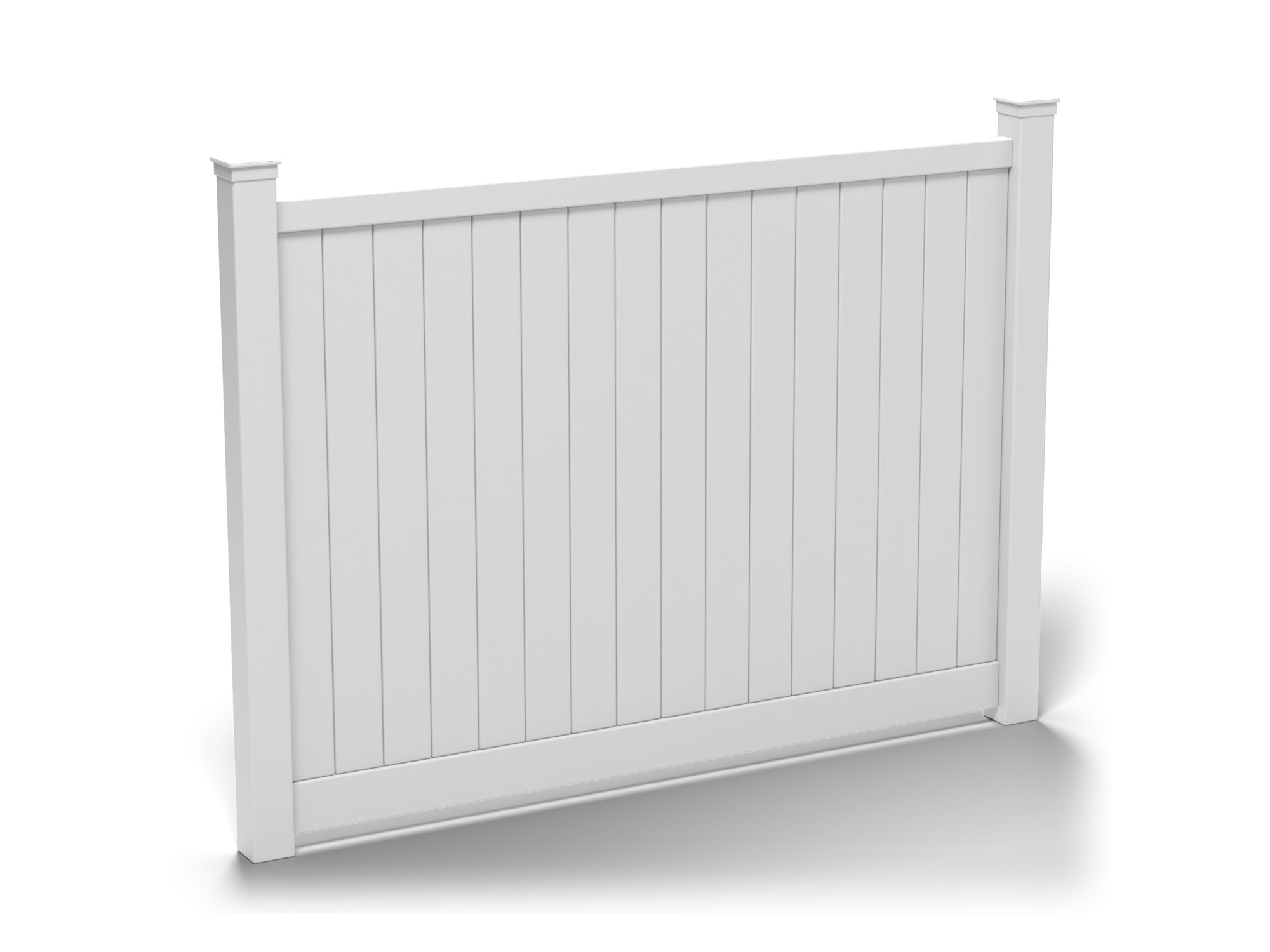 White vinyl privacy fence panel between two posts, product render