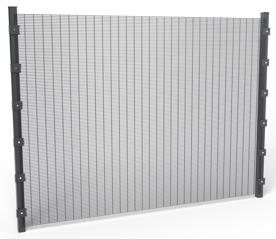 A 6 ft black 358 security mesh panel between two square posts with spider brackets