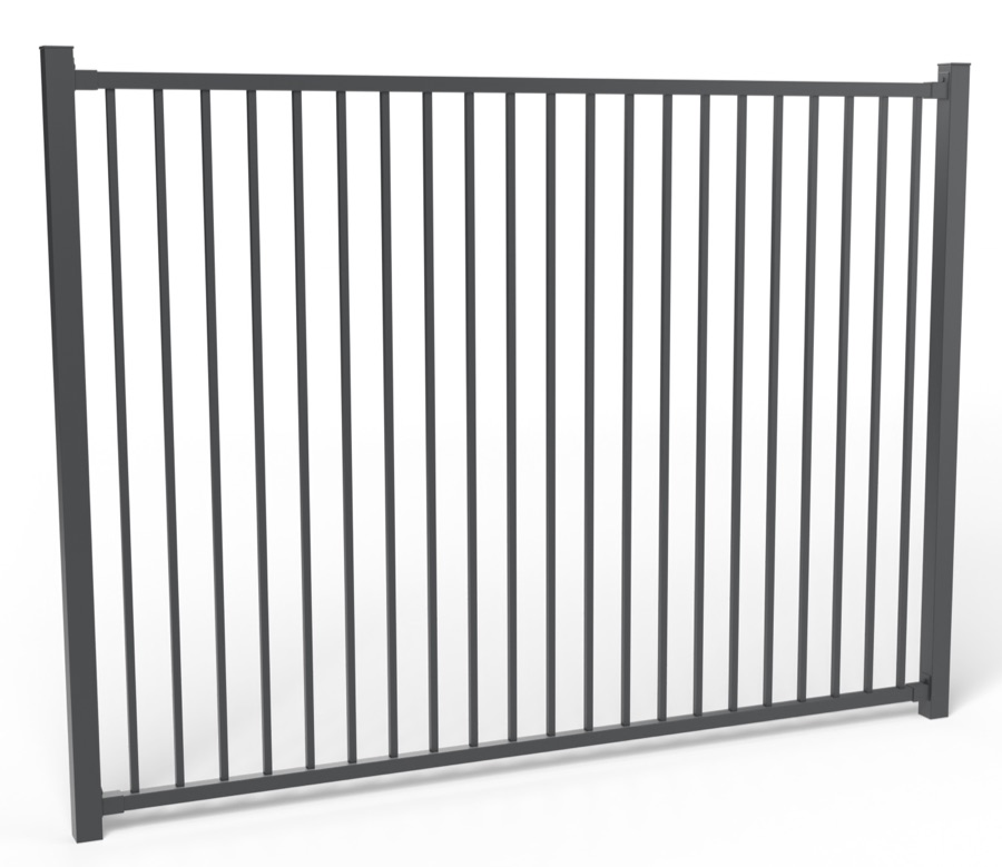 A 6 ft black flat top ornamental steel fence panel between two posts with rail brackets