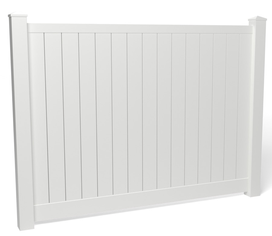A 6 ft white vinyl privacy fence panel between two 5 inch posts with caps