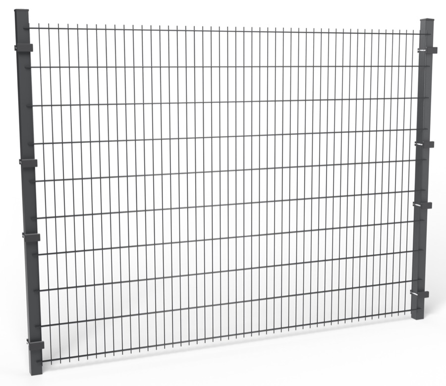 A 6 ft black double wire fence panel between two square posts with caps and fence clamps
