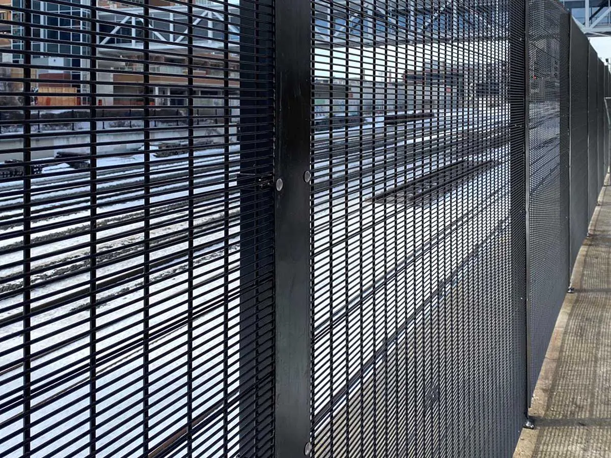 Black 358 anti-climb security fence panels with narrow mesh apertures